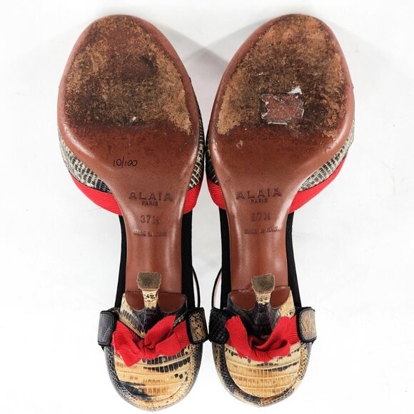 ALAIA Snake Print Leather Ankle Strap Heels With Red Bows - Picture 11 of 13
